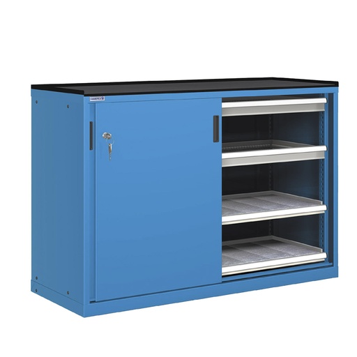 [022745] Cajonera de puertas correderas con 4 cajones y 4 estantes de extracción telescópica - Dim.: 1431x780x1020h mm - Azul ral 5012
