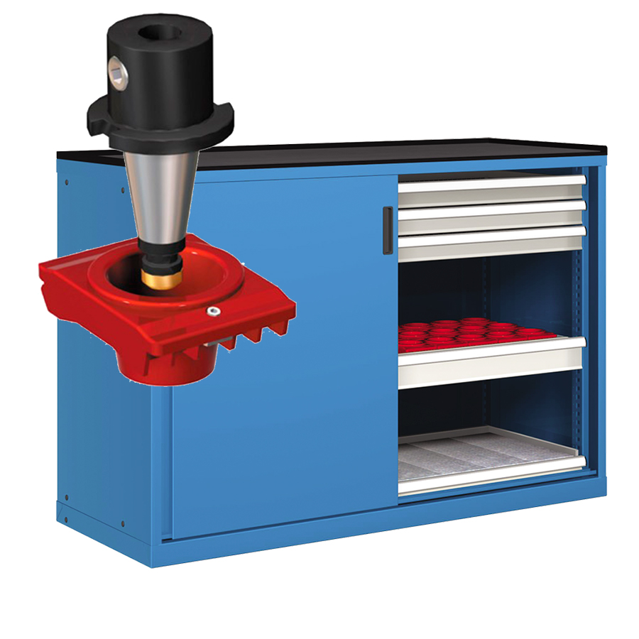 [022747] Cajonera de puertas correderas con 48 portaherramientas ISO-SK 30. - Dim.: 1431x627x1020h mm - Azul ral 5012