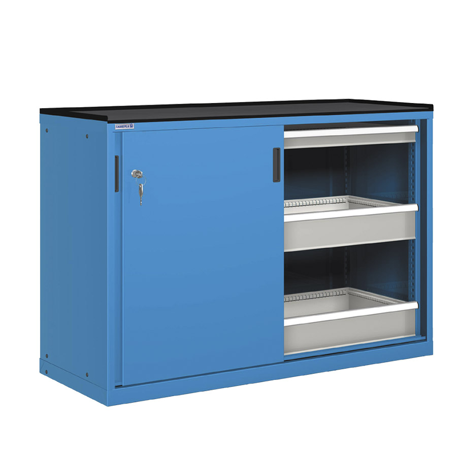 [022757] Cajonera de puertas correderas con 6 cajones de extracción simple - Dim.: 1431x780x1020h mm - Azul ral 5012