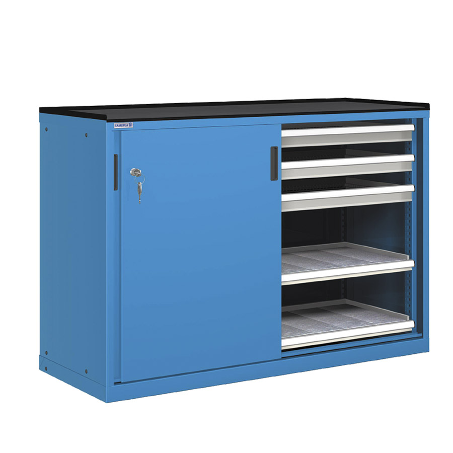 [022763] Cajonera de puertas correderas con 6 cajones y 4 estantes de extracción telescópica - Dim.: 1431x780x1020h mm - Azul ral 5012