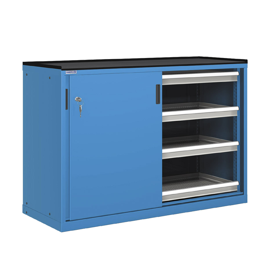 [022782] Cajonera de puertas correderas con 8 cajones de extracción telescópica - Dim.: 1431x780x1020h mm - Azul ral 5012