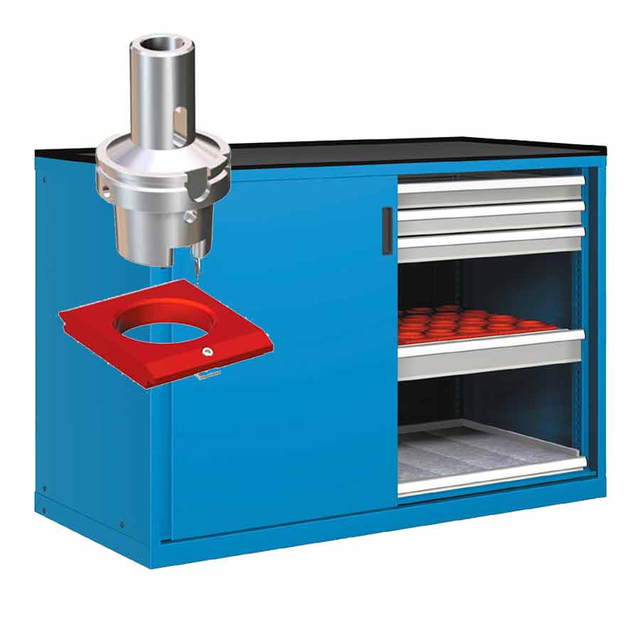 [022805] Cajonera de puertas correderas con 48 portaherramientas HSK 63. - Dim.: 1431x780x1020h mm - Azul ral 5012