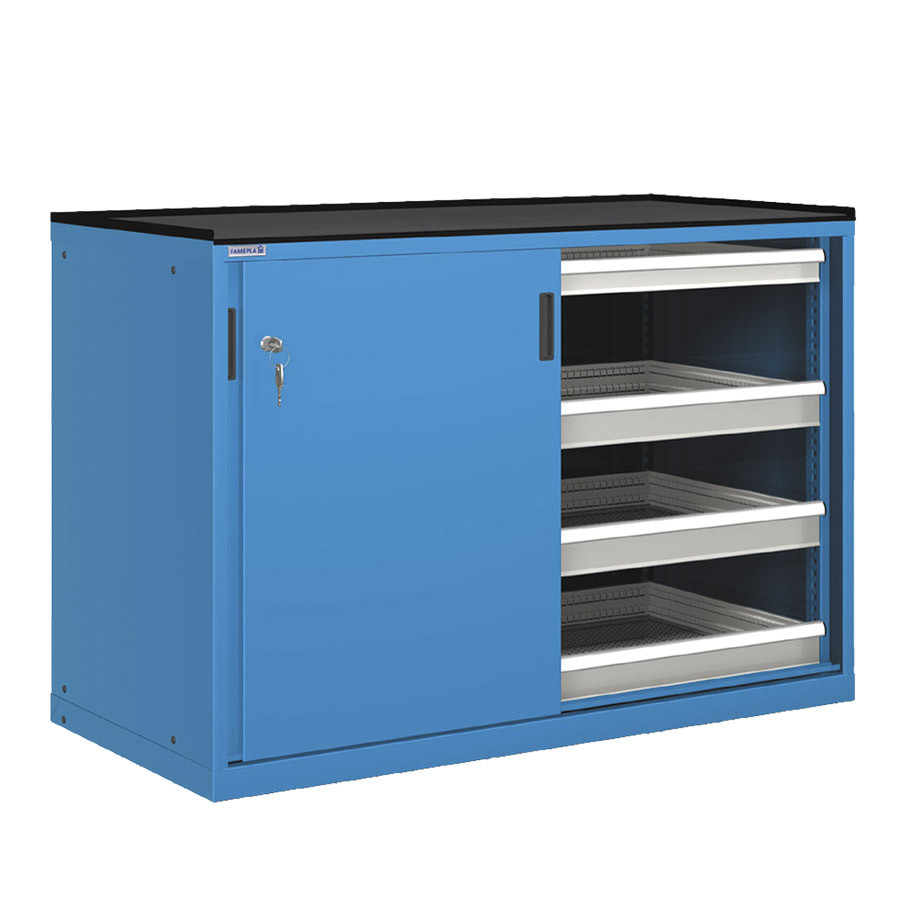 [022832] Cajonera de puertas correderas con 8 cajones de extracción simple - Dim.: 1431x780x1020h mm - Azul ral 5012
