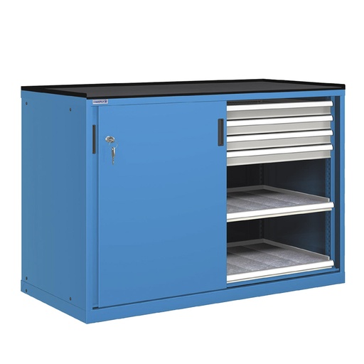[022836] Cajonera de puertas correderas con 8 cajones y 4 estantes de extracción simple - Dim.: 1431x780x1020h mm - Azul ral 5012