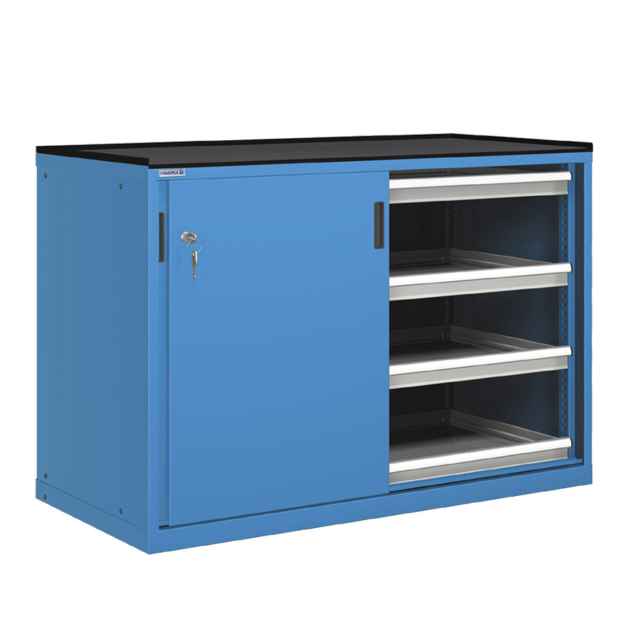 [022840] Cajonera de puertas correderas con 8 cajones de extracción telescópica - Dim.: 1431x780x1020h mm - Azul ral 5012