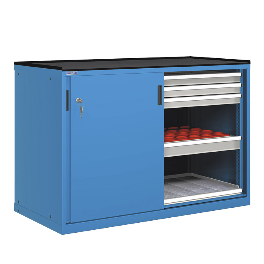 [022844] Cajonera de puertas correderas con 8 cajones, 2 estantes de extracción telescópica y 2 portaherramientas - Dim.: 1431x780x1020h mm - Azul ral 5012