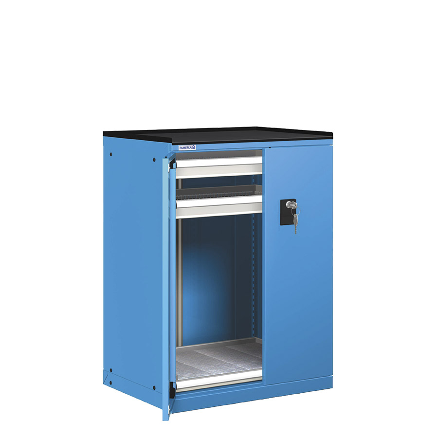 [022855] Cajonera de puertas batientes con 2 cajones y 1 estante de ext. simple - Dim.: 717x595x1020h mm - Azul ral 5012