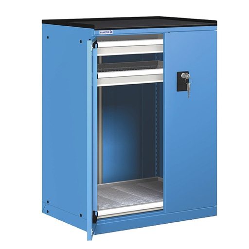 [022855] Cajonera de puertas batientes con 2 cajones y 1 estante de ext. simple - Dim.: 717x595x1020h mm - Azul ral 5012