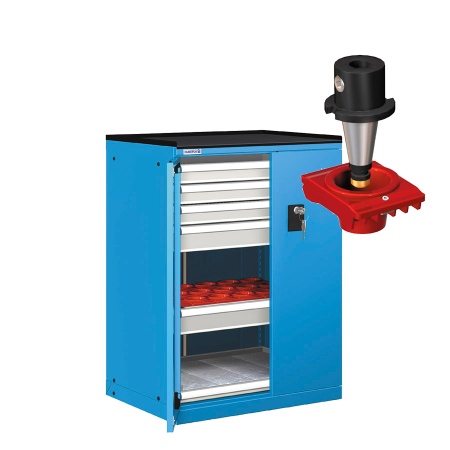 [022865] Cajonera de puertas batientes con 24 portaherramientas ISO-SK 40. RAL - Dim.: 717x595x1020h mm - Azul ral 5012