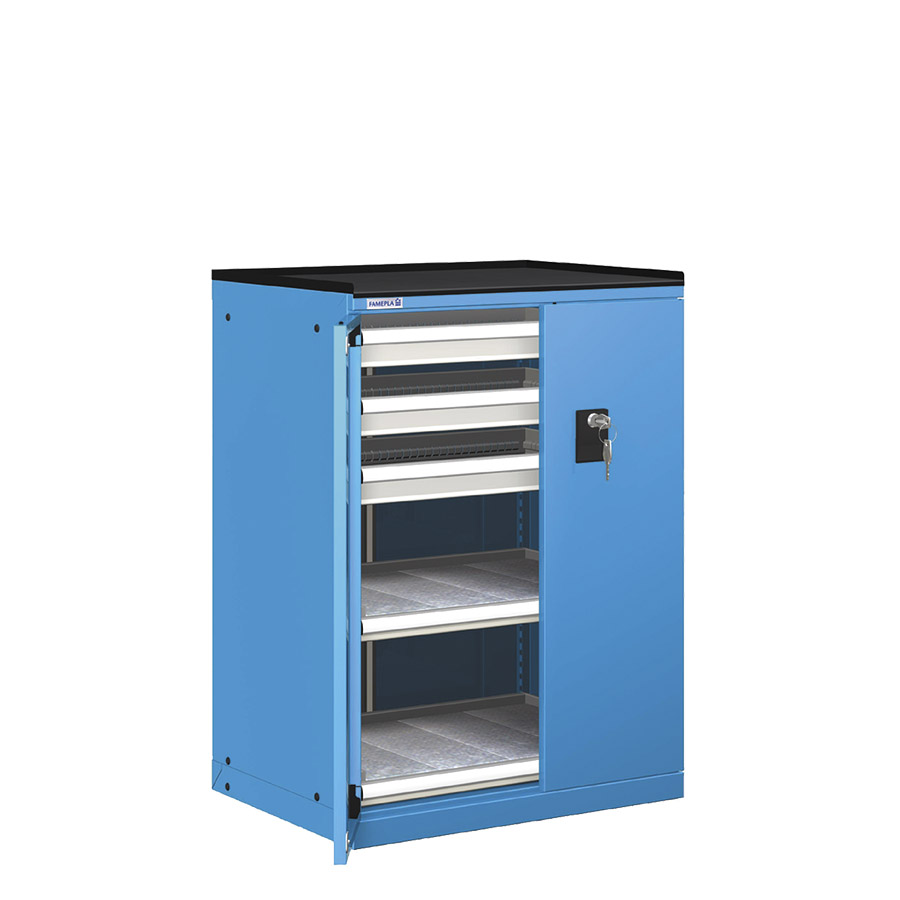 [022869] Cajonera de puertas batientes con 3 cajones y 2 estantes de ext. simple - Dim.: 717x595x1020h mm - Azul ral 5012