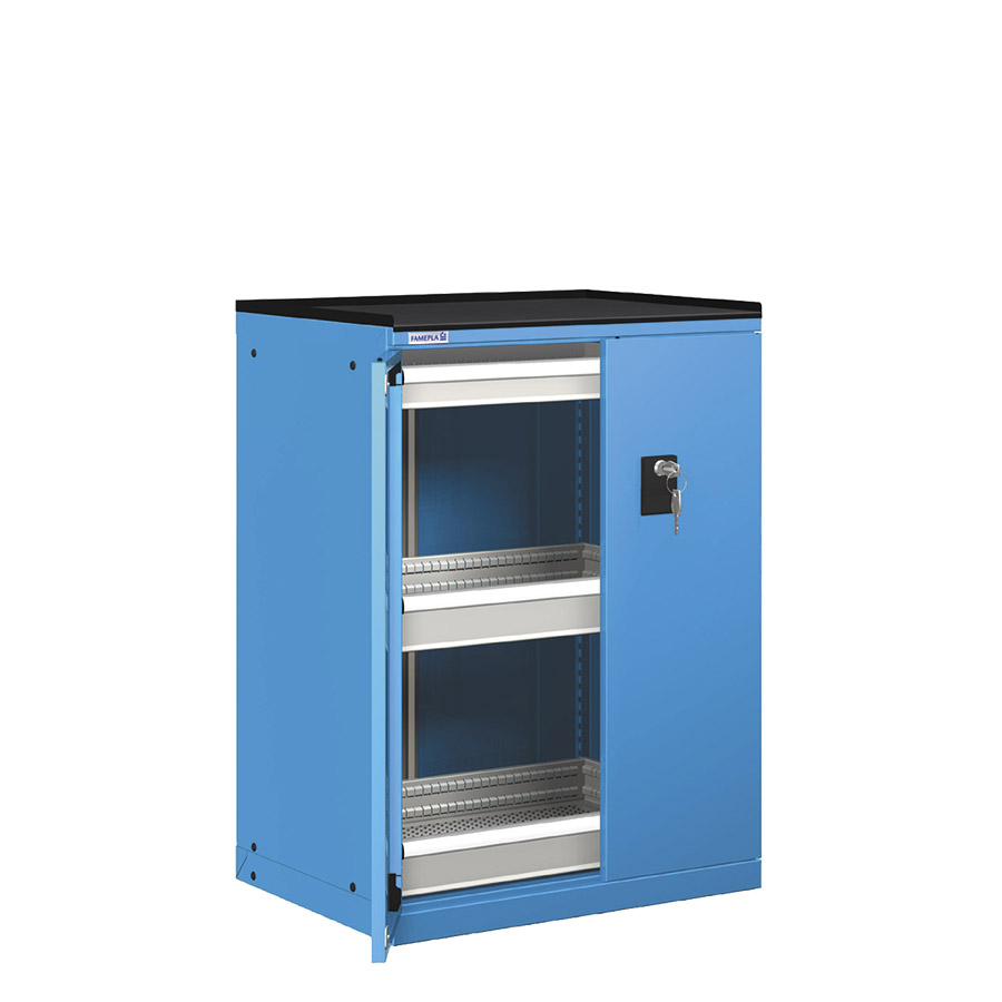 [022877] Cajonera de puertas batientes con 3 cajones de extracción telescópica- Dim.: 717x595x1020h mm - Azul ral 5012