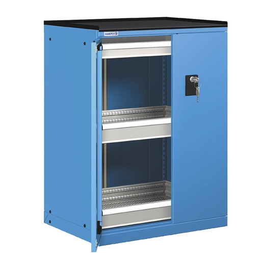 [022877] Cajonera de puertas batientes con 3 cajones de extracción telescópica- Dim.: 717x595x1020h mm - Azul ral 5012