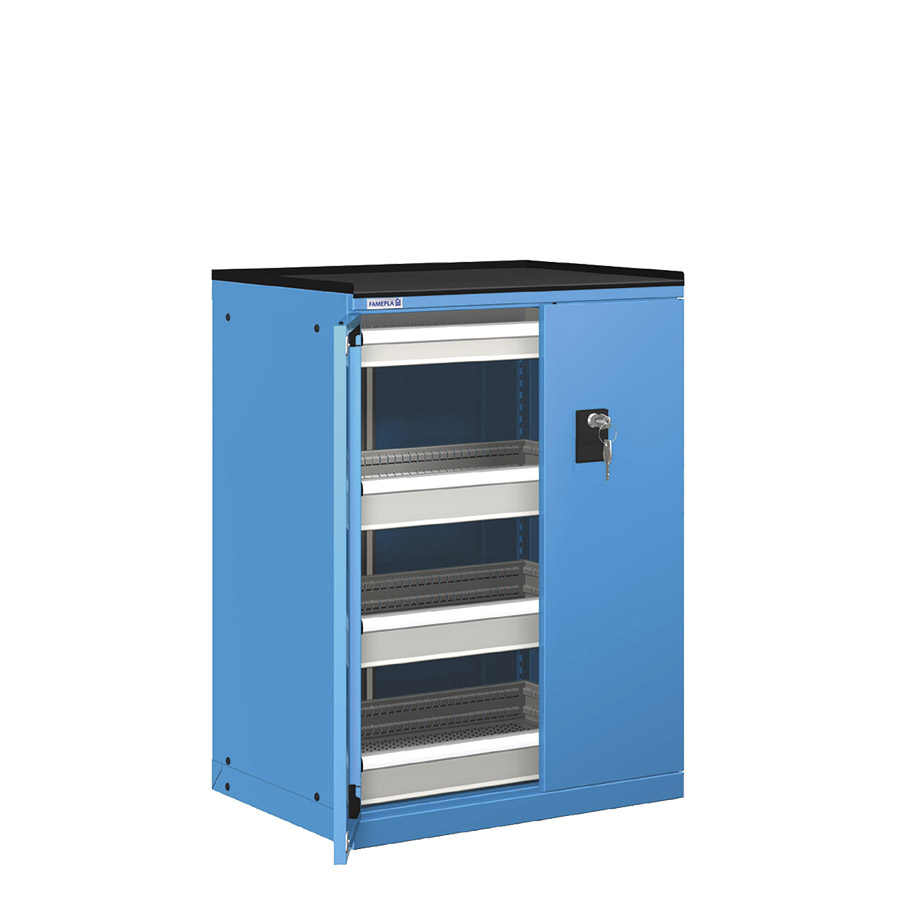 [022887] Cajonera de puertas batientes con 4 cajones de extracción telescópica- Dim.: 717x595x1020h mm - Azul ral 5012