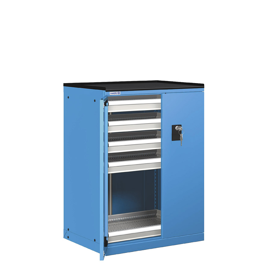[022891] Cajonera de puertas batientes con 5 cajones de extracción simple - Dim.: 717x595x1020h mm - Azul ral 5012