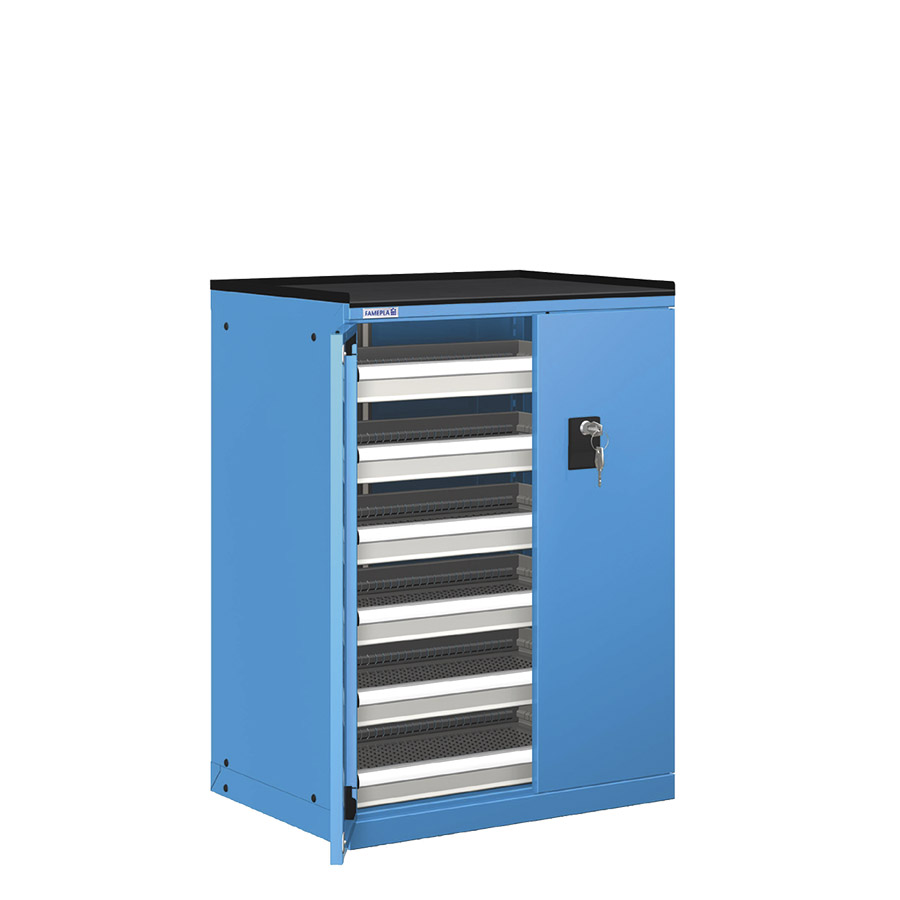 [022899] Cajonera de puertas batientes con 6 cajones de extracción telescópica- Dim.: 717x595x1020h mm - Azul ral 5012