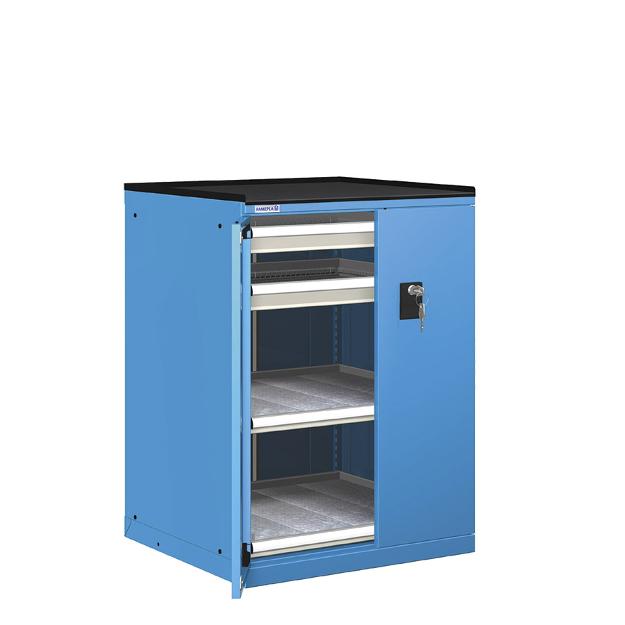 [022901] Cajonera de puertas batientes con 2 cajones de ext. simple y 2 estantes simples - Dim.: 717x748x1020h mm - Azul ral 5012