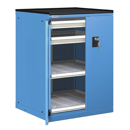 [022901] Cajonera de puertas batientes con 2 cajones de ext. simple y 2 estantes simples - Dim.: 717x748x1020h mm - Azul ral 5012