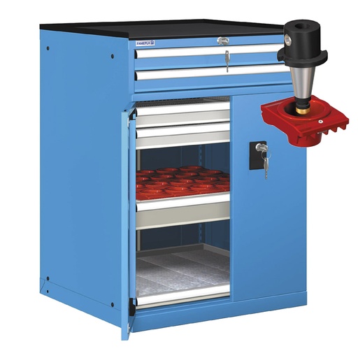 [022906] Cajonera de puertas batientes y cajones con 20 portaherramientas ISO-SK 50 - Dim.: 717x748x1020h mm - Azul ral 5012