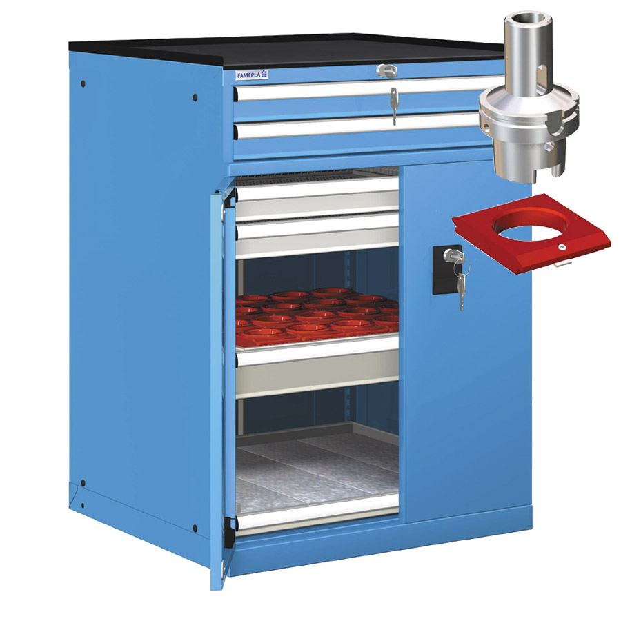 [022910] Cajonera de puertas batientes y cajones con 24 portaherramientas HSK 50 - Dim.: 717x748x1020h mm - Azul ral 5012