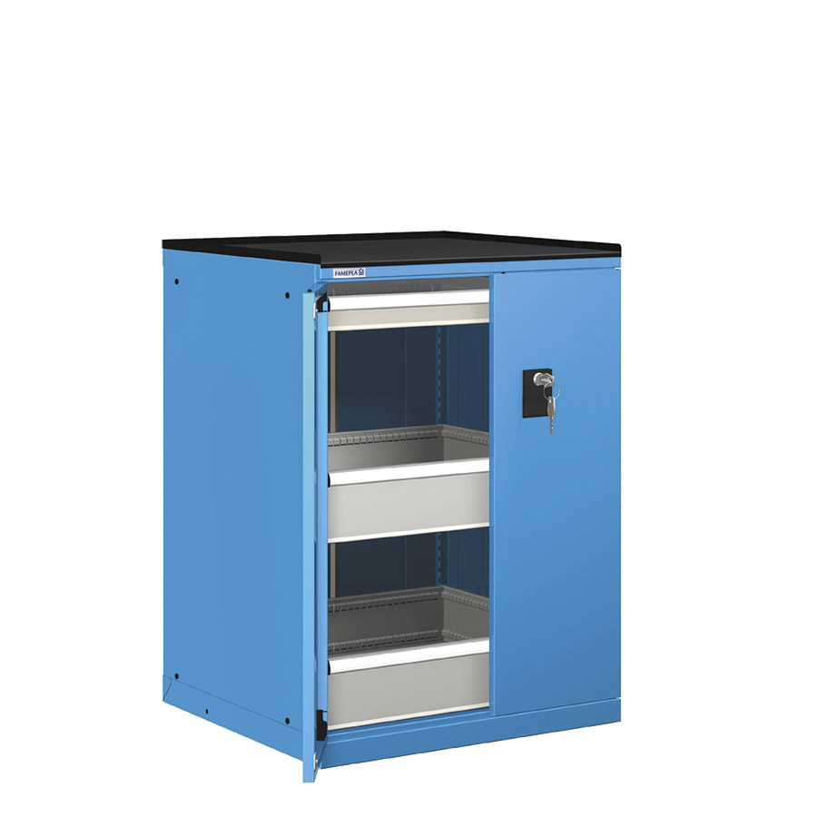 [022927] Cajonera de puertas batientes con 3 cajones de extracción simple - Dim.: 717x748x1020h mm - Azul ral 5012