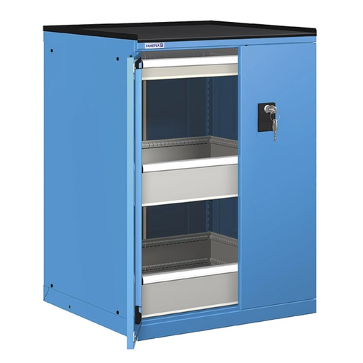 [022927] Cajonera de puertas batientes con 3 cajones de extracción simple - Dim.: 717x748x1020h mm - Azul ral 5012