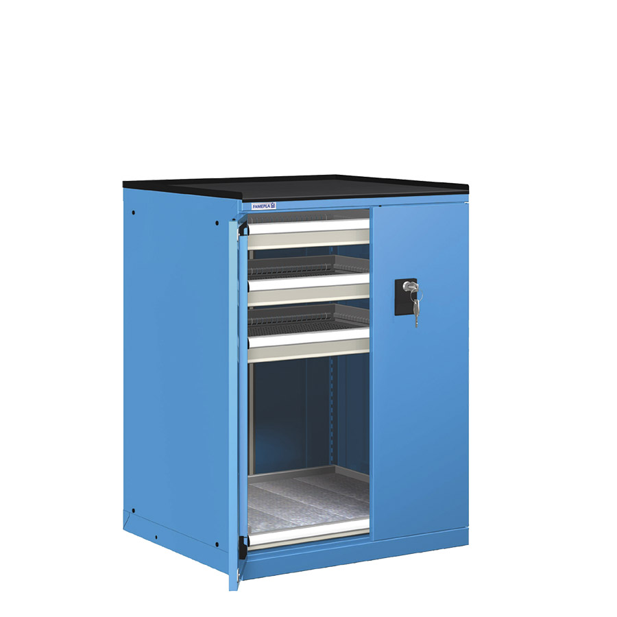 [022935] Cajonera de puertas batientes con 3 cajones de ext. telescópica y 1 estante tele. - Dim.: 717x748x1020h mm - Azul ral 5012