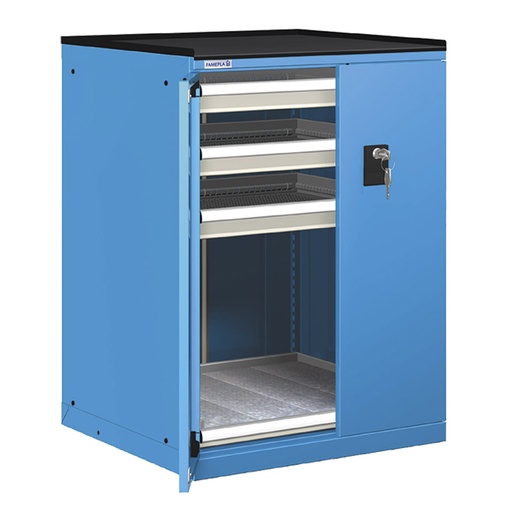 [022935] Cajonera de puertas batientes con 3 cajones de ext. telescópica y 1 estante tele. - Dim.: 717x748x1020h mm - Azul ral 5012