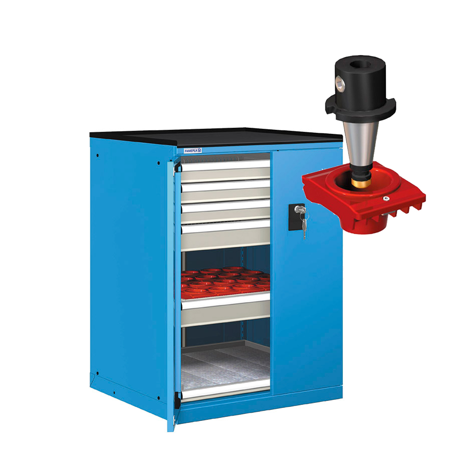 [022949] Cajonera de puertas batientes con 32 portaherramientas ISO-SK 30 - Dim.: 717x748x1020h mm - Azul ral 5012