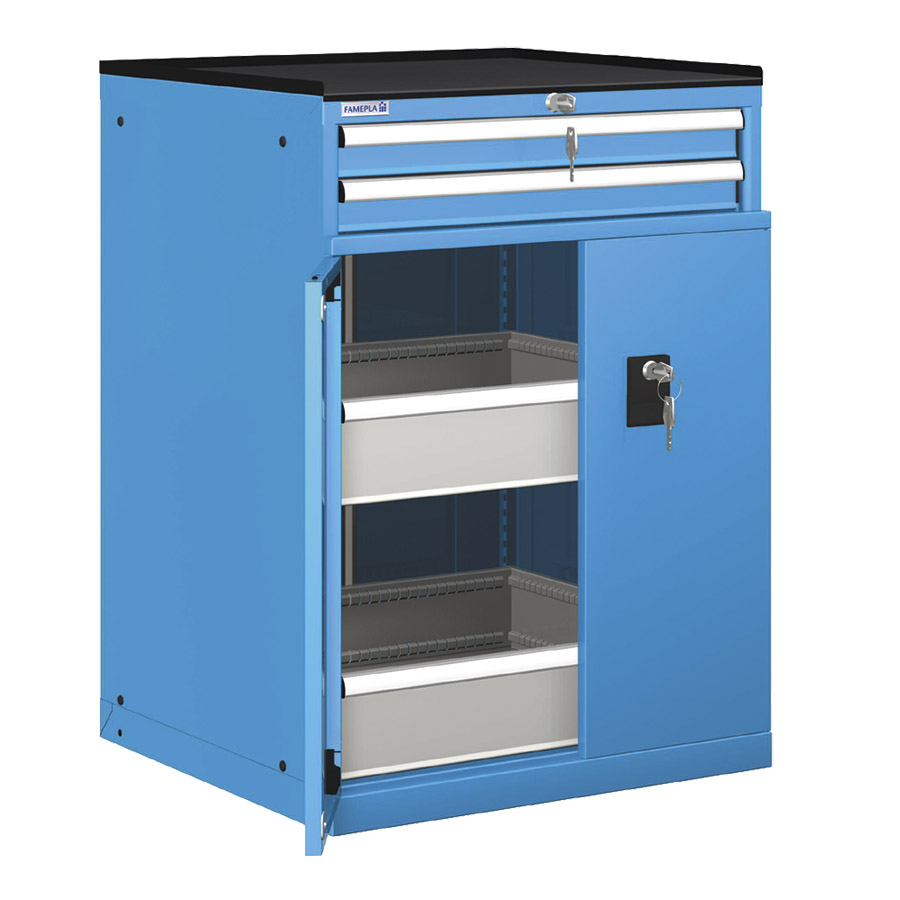 [022960] Cajonera de puertas batientes y cajones con 4 cajones de extracción simple - Dim.: 717x748x1020h mm - Azul ral 5012