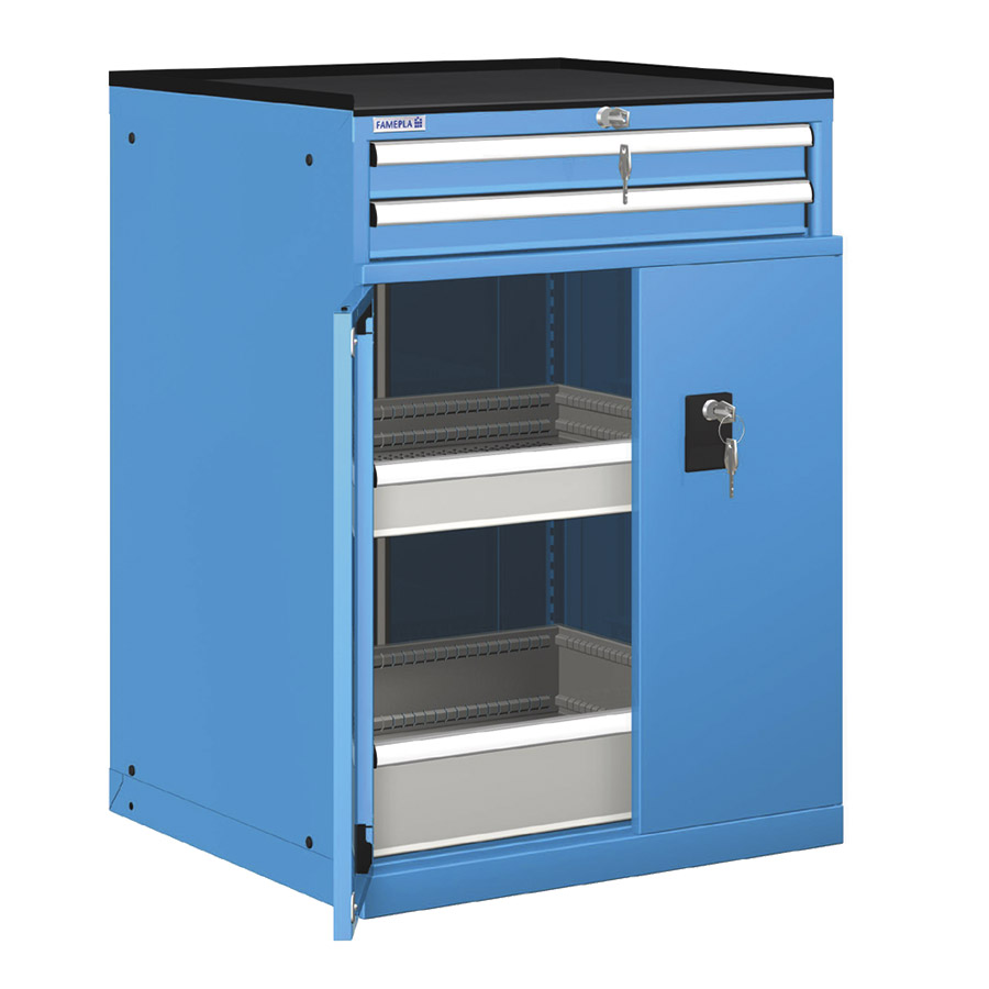 [022962] Cajonera de puertas batientes y cajones con 4 cajones de extracción simple - Dim.: 717x748x1020h mm - Azul ral 5012