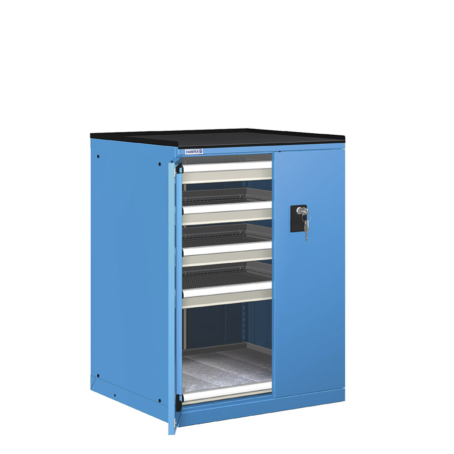 [022967] Cajonera de puertas batientes con 4 cajones telescópica y 1 estante telescópica - Dim.: 717x748x1020h mm - Azul ral 5012