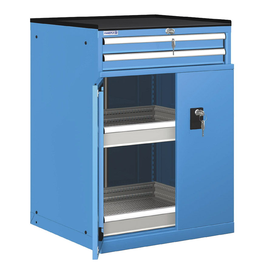 [022971] Cajonera de puertas batientes y cajones con 4 cajones de extracción telescópica - Dim.: 717x748x1020h mm - Azul ral 5012