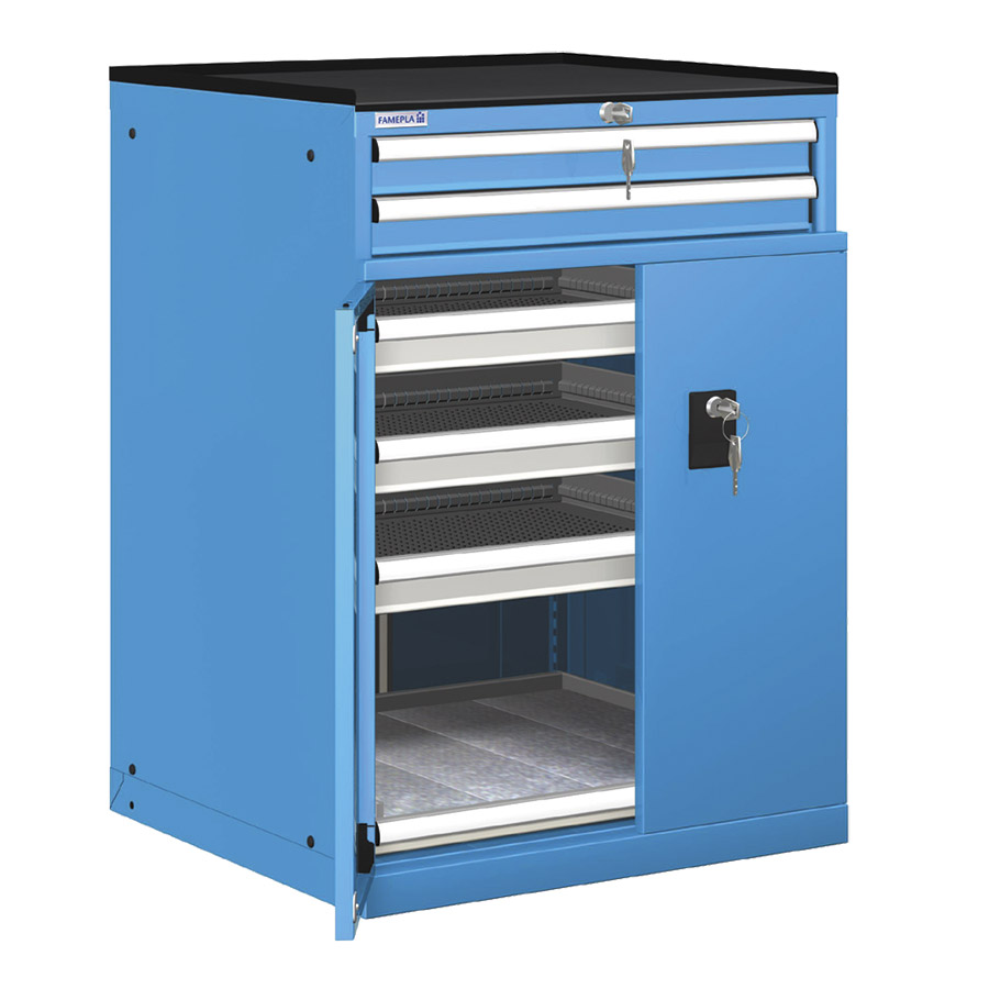 [022977] Cajonera de puertas batientes y cajones con 5 cajones y 1 estante de ext. simple - Dim.: 717x748x1020h mm - Azul ral 5012