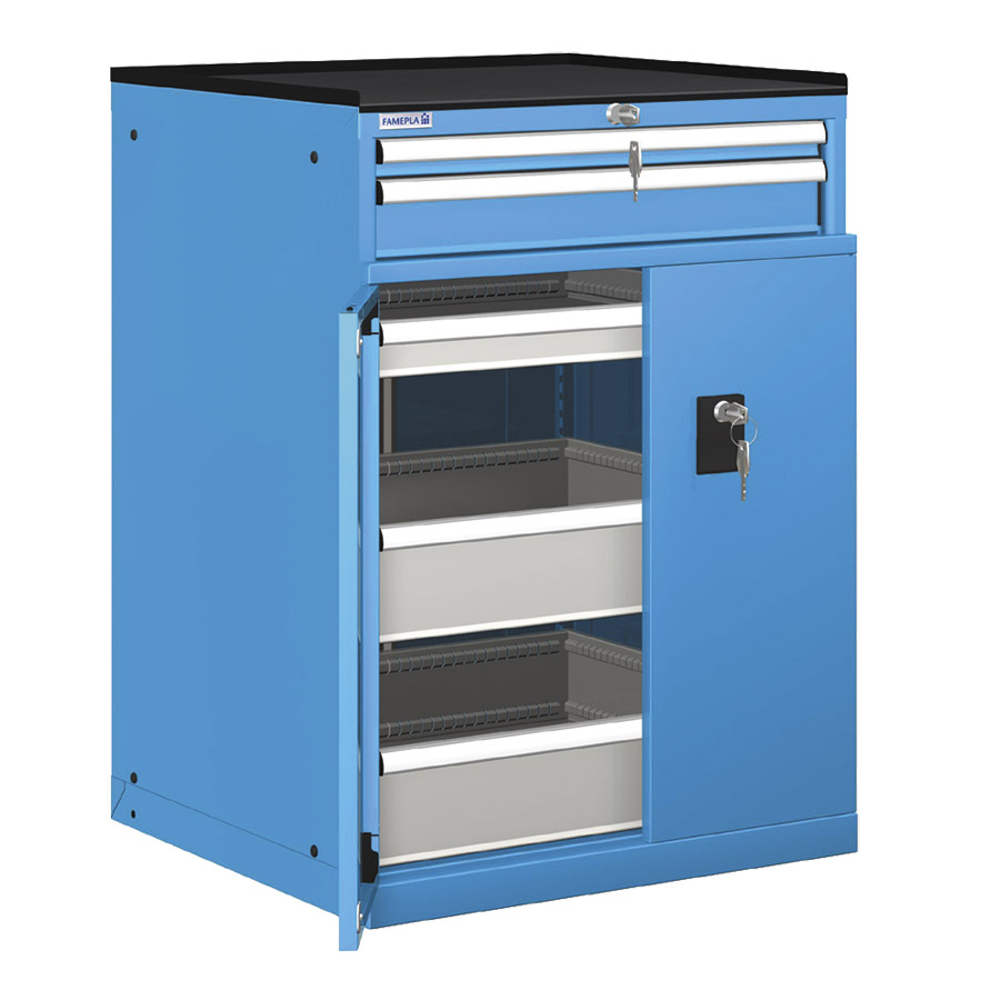 [022990] Cajonera de puertas batientes y cajones con 5 cajones de extracción telescópica - Dim.: 717x748x1020h mm - Azul ral 5012