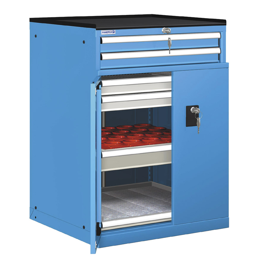 [022995] Cajonera de puertas batientes y cajones con 5 cajones, 1 estante y 1 portaher. - Dim.: 717x748x1020h mm - Azul ral 5012