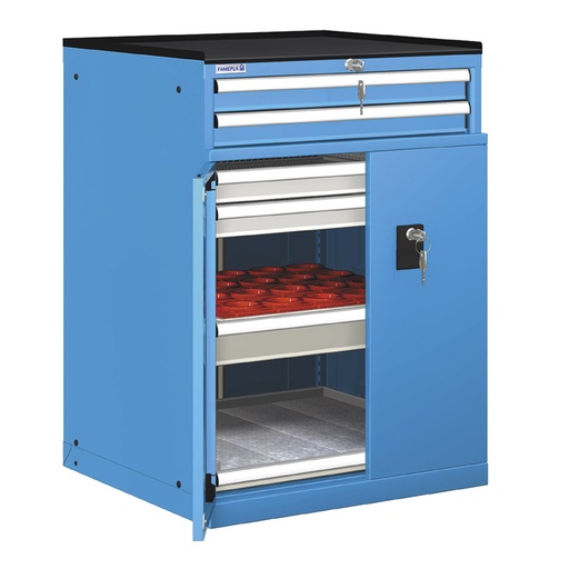 [022995] Cajonera de puertas batientes y cajones con 5 cajones, 1 estante y 1 portaher. - Dim.: 717x748x1020h mm - Azul ral 5012