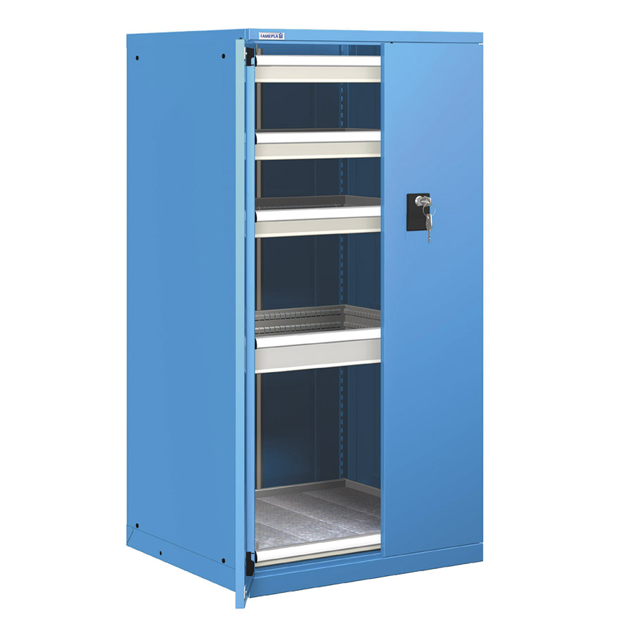 [023017] Cajonera de puertas batientes con 4 cajones de ext. simple y estante de ext. simple - Dim.: 717x748x1450h mm - Azul ral 5012