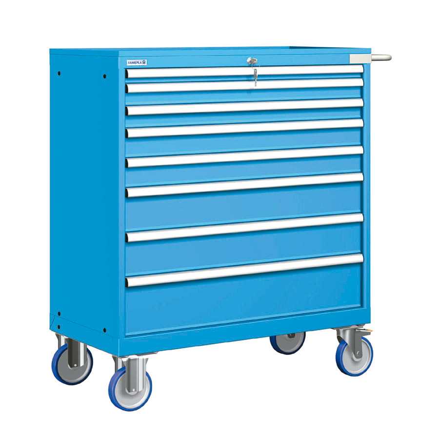 [023314] Cajonera móvil con 8 cajones - Dim.: 1108x580x1214h mm - Ruedas Ø150 mm goma - Azul ral 5012