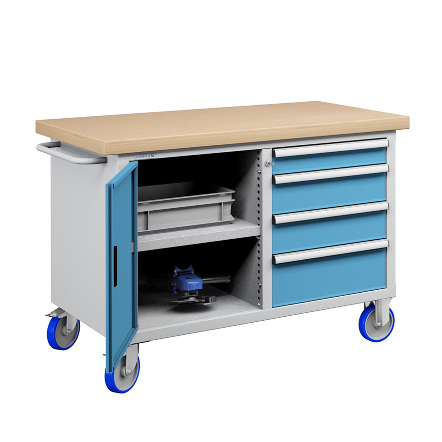 [023629] Banco móvil compacto con encimera de haya, 4 cajones, puerta y estante - Dim.: 1315x750x908h mm - Gris ral 7035 y Azul ral 5012