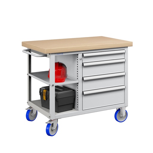 [023630] Banco móvil compacto con encimera de haya, 4 cajones y 1 estante - Dim.: 1065x750x908h mm - Gris ral 7035