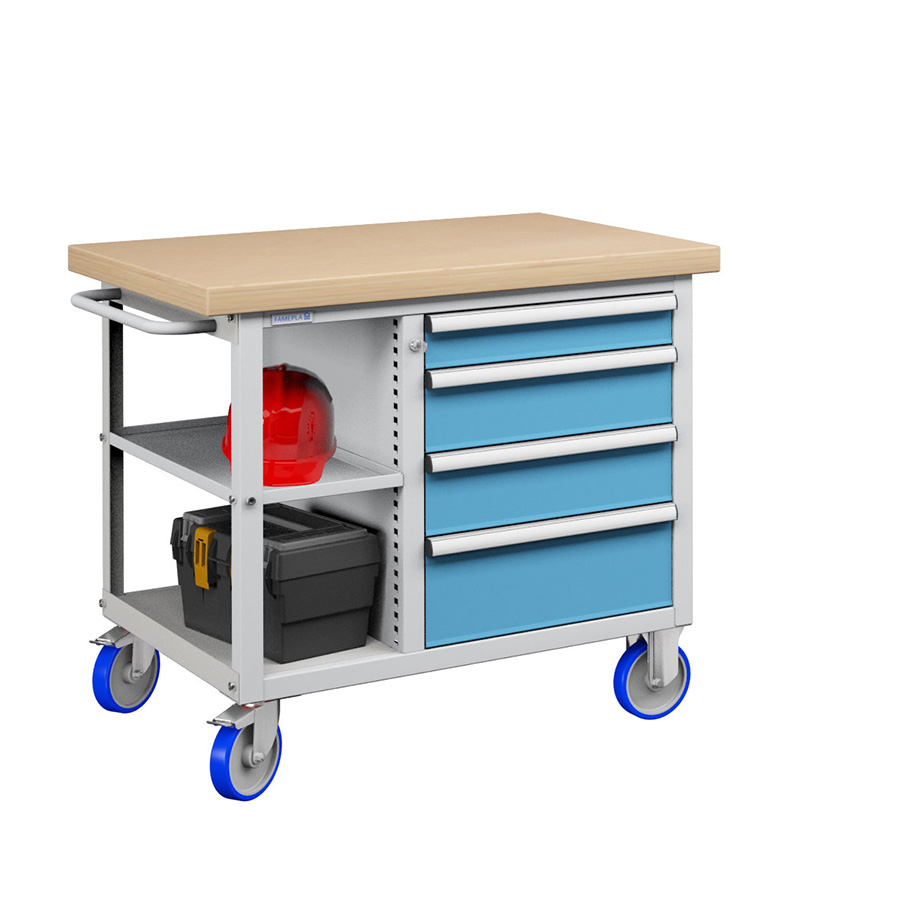 [023632] Banco móvil compacto con encimera de haya, 4 cajones y 1 estante - Dim.: 1065x750x908h mm - Gris ral 7035 y Azul ral 5012