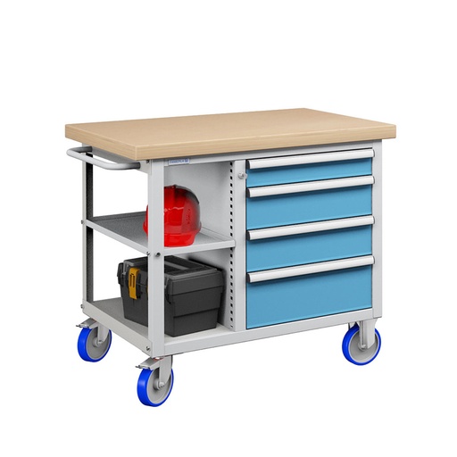 [023632] Banco móvil compacto con encimera de haya, 4 cajones y 1 estante - Dim.: 1065x750x908h mm - Gris ral 7035 y Azul ral 5012