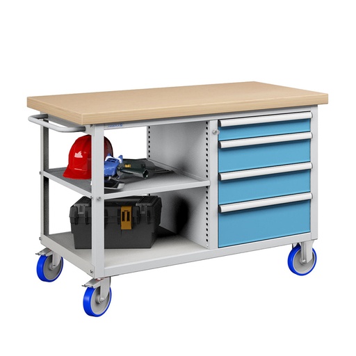 [023633] Banco móvil compacto con encimera de haya, 4 cajones y 1 estante - Dim.: 1315x750x908h mm - Gris ral 7035 y Azul ral 5012