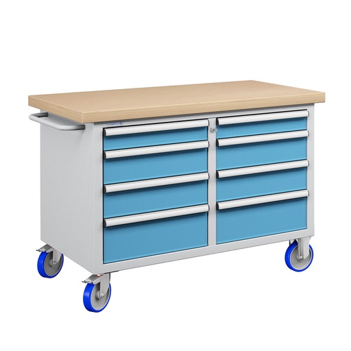 [023635] Banco móvil compacto con encimera de haya, 8 cajones - Dim.: 1315x750x908h mm - Gris ral 7035 y Azul ral 5012