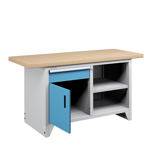 [023650] Banco compacto con encimera de haya, 1 cajón, 1 puerta y 1 estante - Dim.: 1500x750x840h mm - Gris ral 7035 y Azul ral 5012