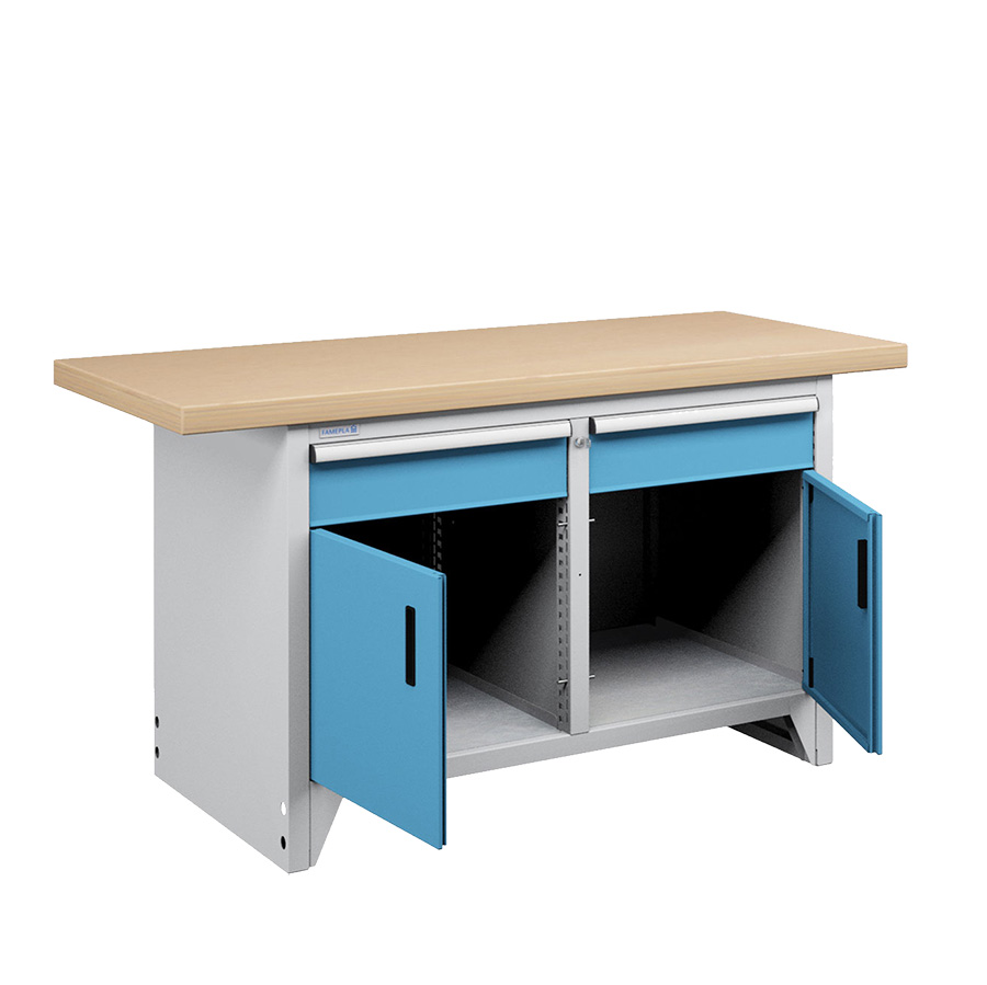 [023652] Banco compacto con encimera de haya, 2 cajones y 2 puertas - Dim.: 1500x750x840h mm - Gris ral 7035 y Azul ral 5012