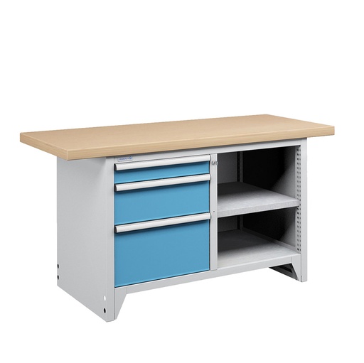 [023654] Banco compacto con encimera de haya, 3 cajones y 1 estante - Dim.: 1500x750x840h mm - Gris ral 7035 y Azul ral 5012