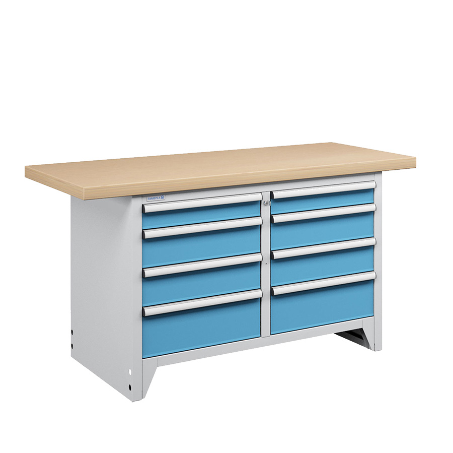 [023662] Banco compacto con encimera de haya y 8 cajones - Dim.: 1500x750x840h mm - Gris ral 7035 y Azul ral 5012