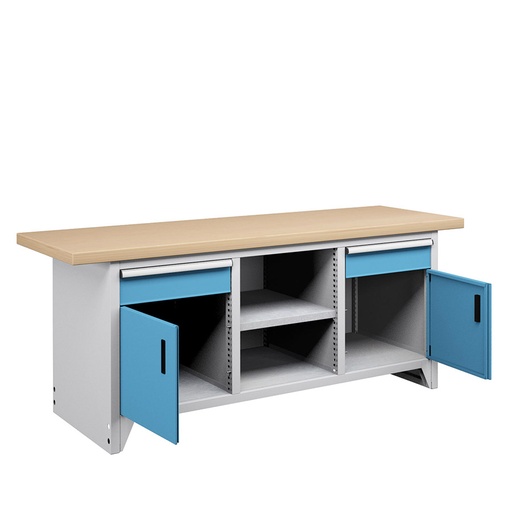 [023678] Banco compacto con encimera de haya, 2 cajones, 2 puertas y 1 estante - Dim.: 2000x750x840h mm - Gris ral 7035 y Azul ral 5012