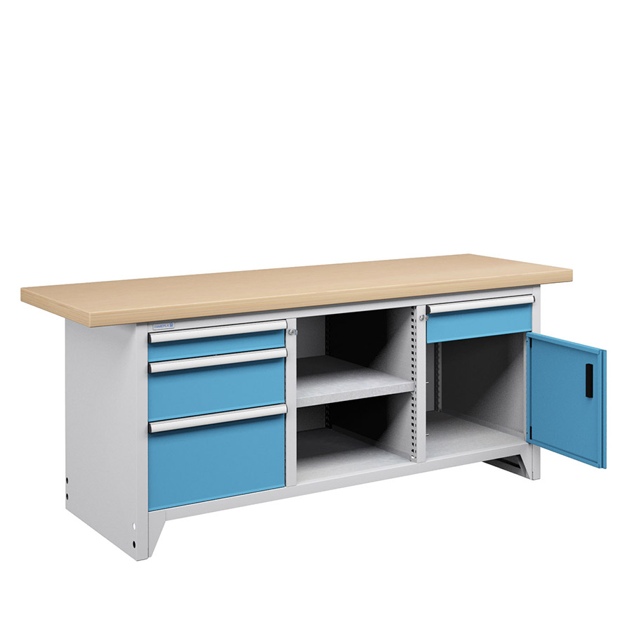 [023682] Banco compacto con encimera de haya, 4 cajones, 1 puerta y 1 estante - Dim.: 2000x750x840h mm - Gris ral 7035 y Azul ral 5012